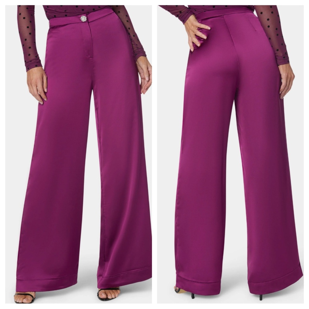 BEBE HIGH WAIST SATIN WIDE LEG PANT RASPBERRY PURPLE SIZE:6